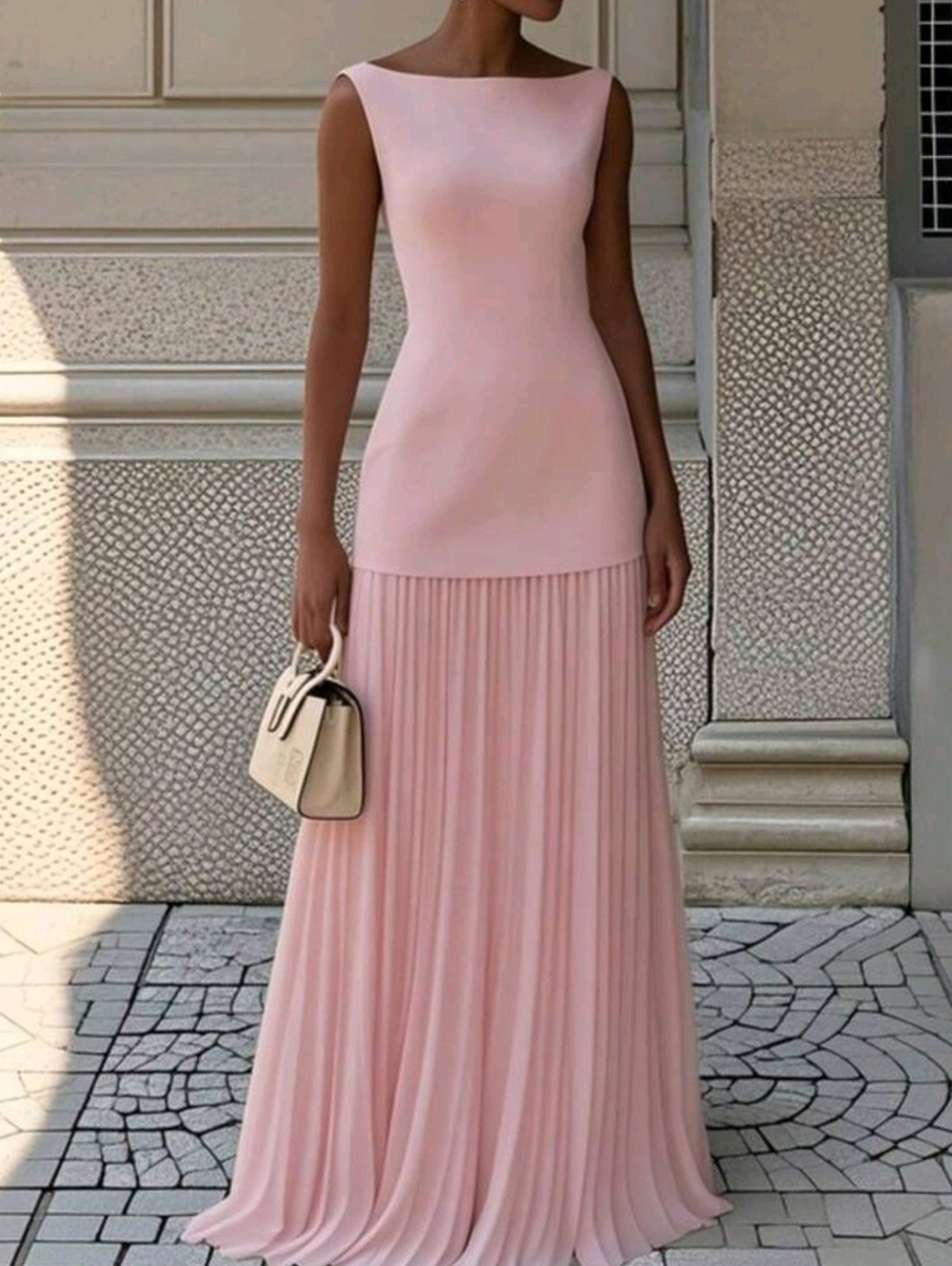 Elegant Blush Pink Sleeveless Pleated Gown